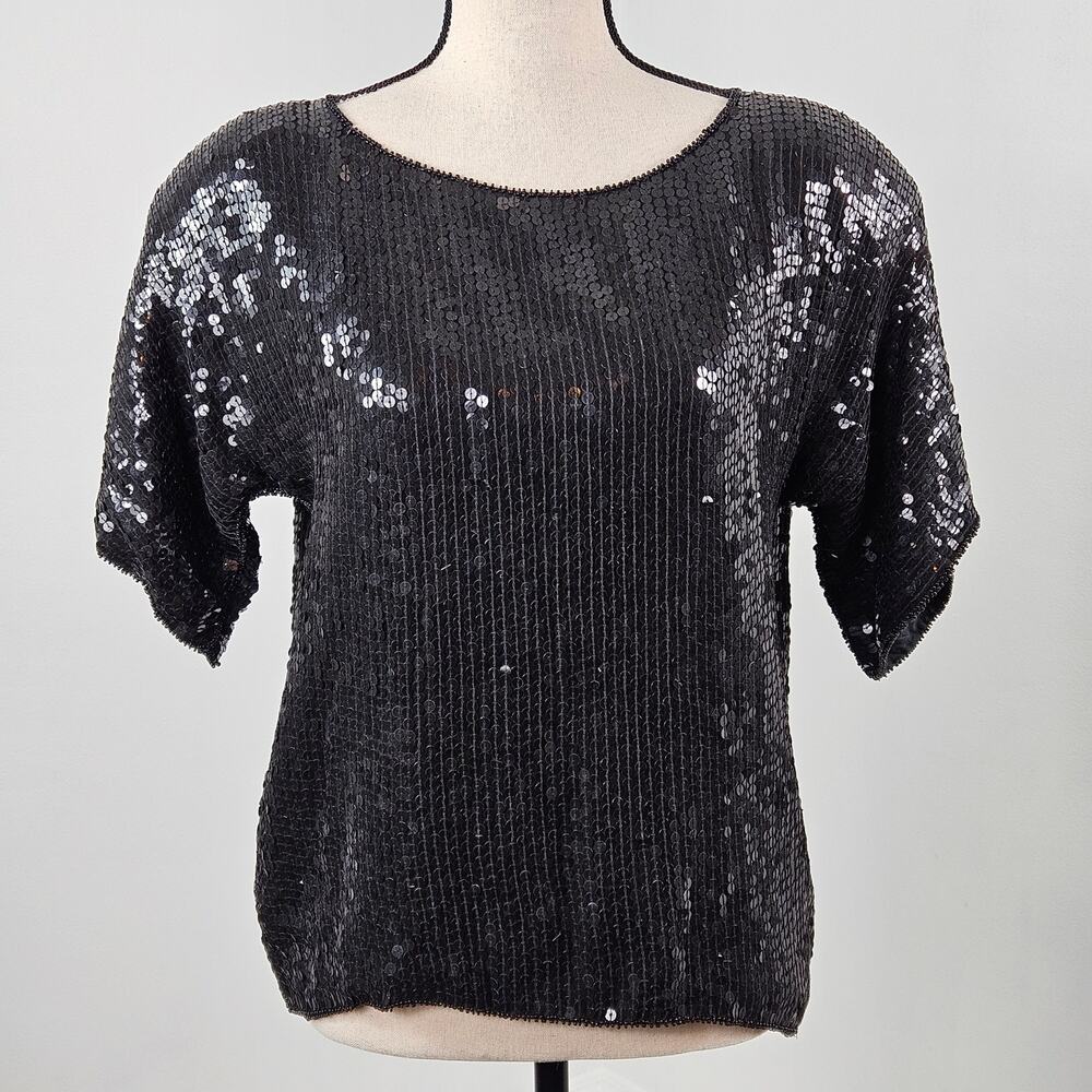 VTG Black Sequin Silk Top Party Occasion Jean for Joseph Le Bon |‎ Women's S